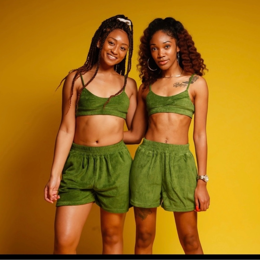 Crescent Green Terry Cloth Shorts with Elastic Waistband & Pockets